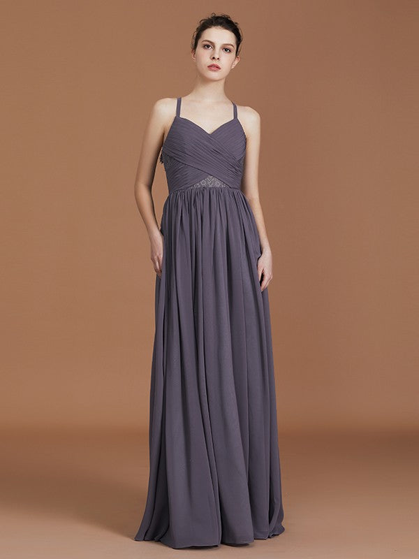 A-Line/Princess Lace Spaghetti Straps Sleeveless Floor-Length Chiffon Bridesmaid Dress Evening Prom Dress
