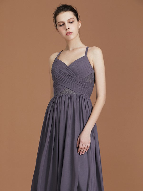 A-Line/Princess Lace Spaghetti Straps Sleeveless Floor-Length Chiffon Bridesmaid Dress Evening Prom Dress