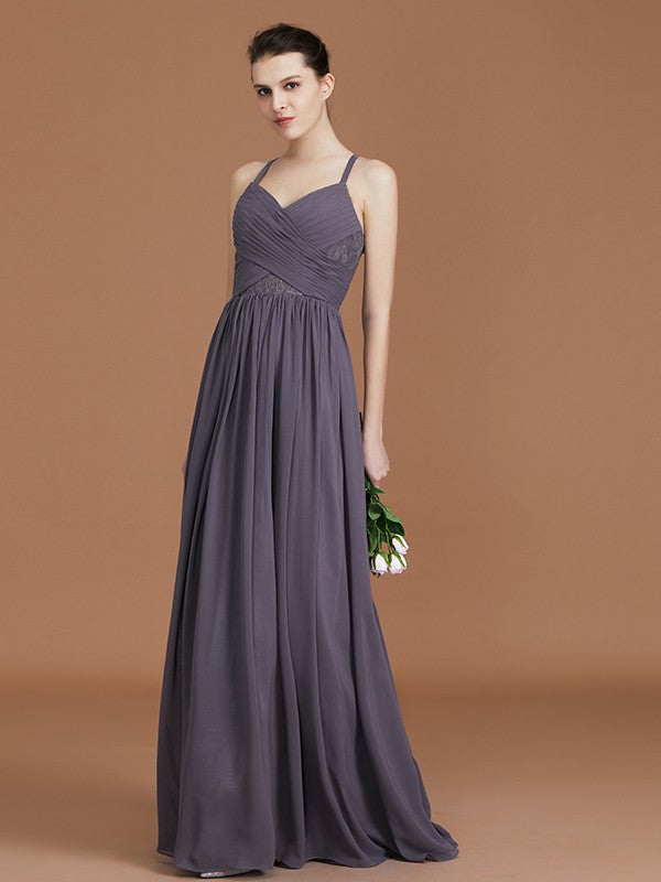 A-Line/Princess Lace Spaghetti Straps Sleeveless Floor-Length Chiffon Bridesmaid Dress Evening Prom Dress