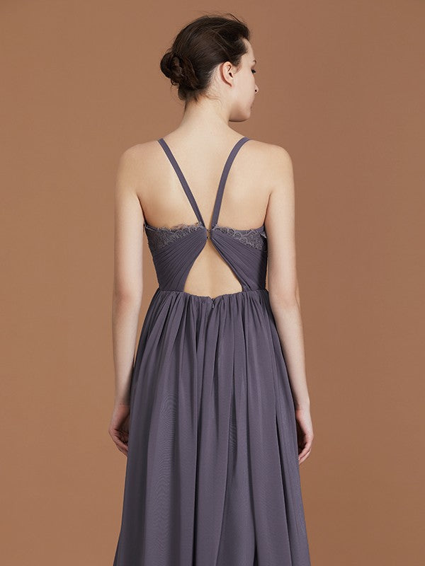 A-Line/Princess Lace Spaghetti Straps Sleeveless Floor-Length Chiffon Bridesmaid Dress Evening Prom Dress