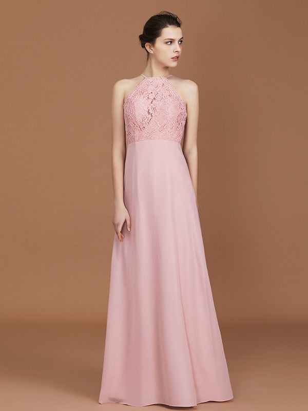 A-Line/Princess Halter Sleeveless Lace Floor-Length Chiffon Bridesmaid Dress Formal Evening Prom Dress