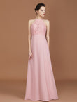 A-Line/Princess Halter Sleeveless Lace Floor-Length Chiffon Bridesmaid Dress Formal Evening Prom Dress