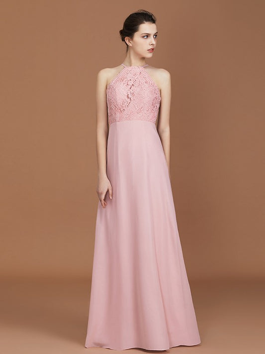 A-Line/Princess Halter Sleeveless Lace Floor-Length Chiffon Bridesmaid Dress Formal Evening Prom Dress