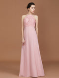 A-Line/Princess Halter Sleeveless Lace Floor-Length Chiffon Bridesmaid Dress Formal Evening Prom Dress