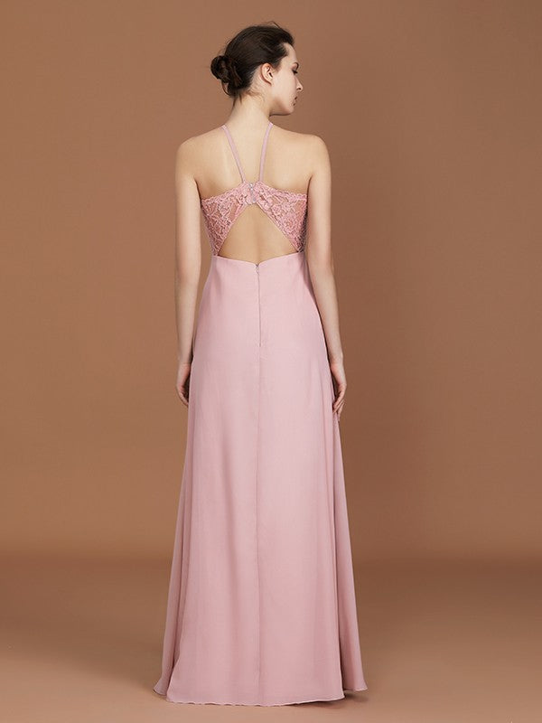 A-Line/Princess Halter Sleeveless Lace Floor-Length Chiffon Bridesmaid Dress Formal Evening Prom Dress