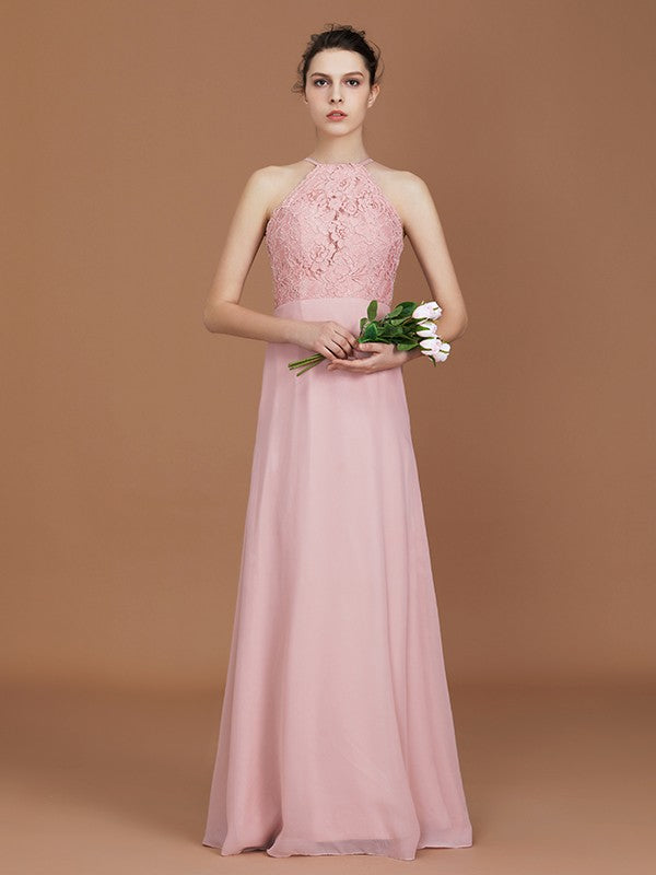 A-Line/Princess Halter Sleeveless Lace Floor-Length Chiffon Bridesmaid Dress Formal Evening Prom Dress