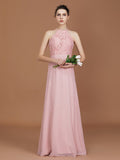 A-Line/Princess Halter Sleeveless Lace Floor-Length Chiffon Bridesmaid Dress Formal Evening Prom Dress