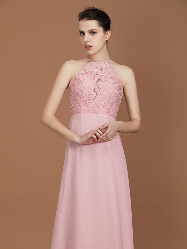 A-Line/Princess Halter Sleeveless Lace Floor-Length Chiffon Bridesmaid Dress Formal Evening Prom Dress