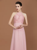 A-Line/Princess Halter Sleeveless Lace Floor-Length Chiffon Bridesmaid Dress Formal Evening Prom Dress