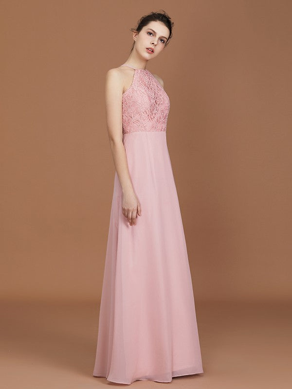 A-Line/Princess Halter Sleeveless Lace Floor-Length Chiffon Bridesmaid Dress Formal Evening Prom Dress
