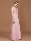 A-Line/Princess Halter Sleeveless Lace Floor-Length Chiffon Bridesmaid Dress Formal Evening Prom Dress