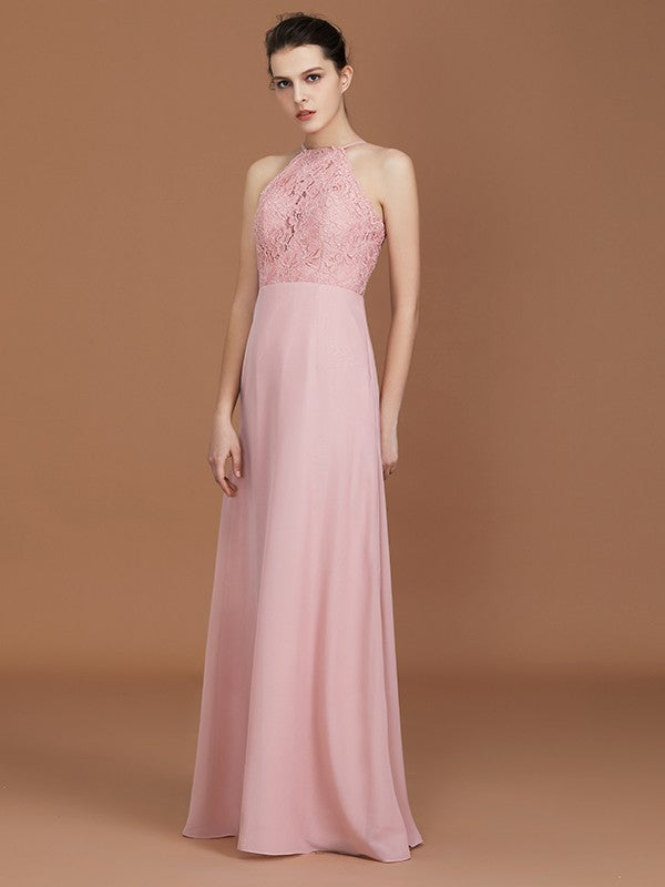 A-Line/Princess Halter Sleeveless Lace Floor-Length Chiffon Bridesmaid Dress Formal Evening Prom Dress