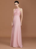 A-Line/Princess Halter Sleeveless Lace Floor-Length Chiffon Bridesmaid Dress Formal Evening Prom Dress