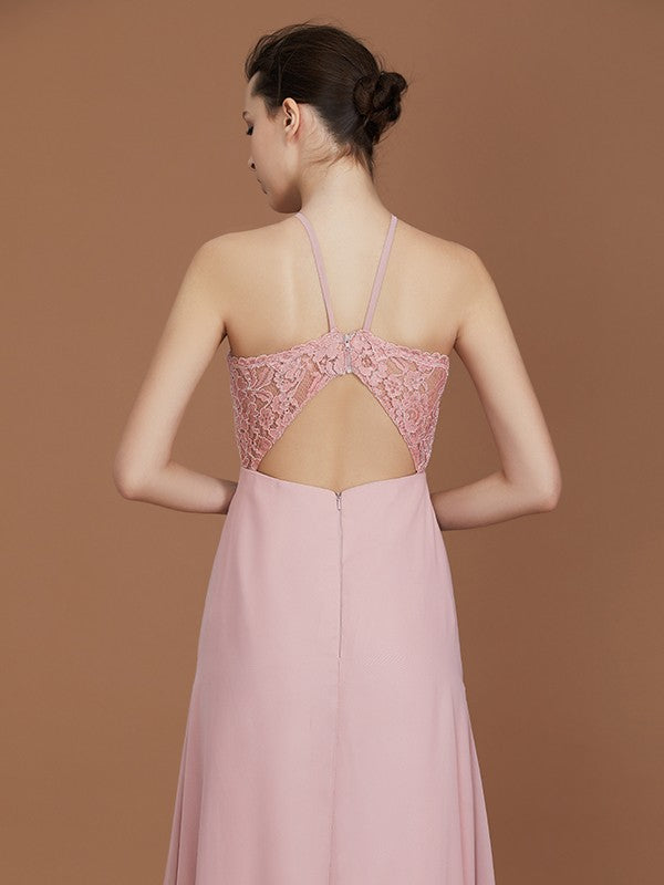 A-Line/Princess Halter Sleeveless Lace Floor-Length Chiffon Bridesmaid Dress Formal Evening Prom Dress