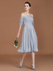 Vestido de dama de honor de gasa con corte A/princesa, hombros descubiertos, mangas cortas, encaje, largo hasta la rodilla, para madre de la novia