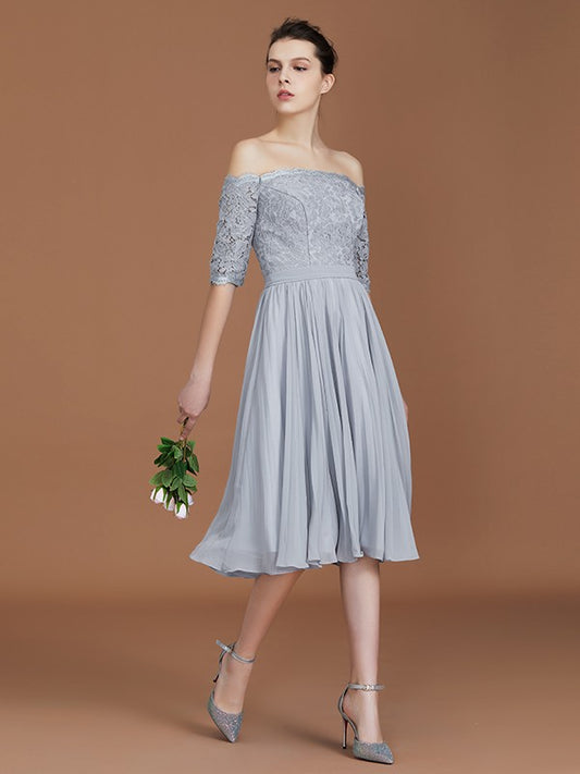 Vestido de dama de honor de gasa con corte A/princesa, hombros descubiertos, mangas cortas, encaje, largo hasta la rodilla, para madre de la novia