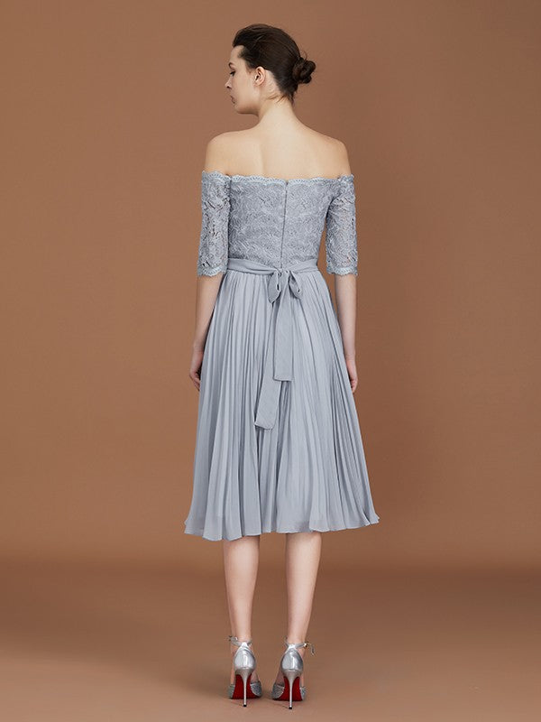 Vestido de dama de honor de gasa con corte A/princesa, hombros descubiertos, mangas cortas, encaje, largo hasta la rodilla, para madre de la novia