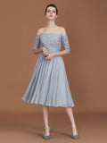 Vestido de dama de honor de gasa con corte A/princesa, hombros descubiertos, mangas cortas, encaje, largo hasta la rodilla, para madre de la novia