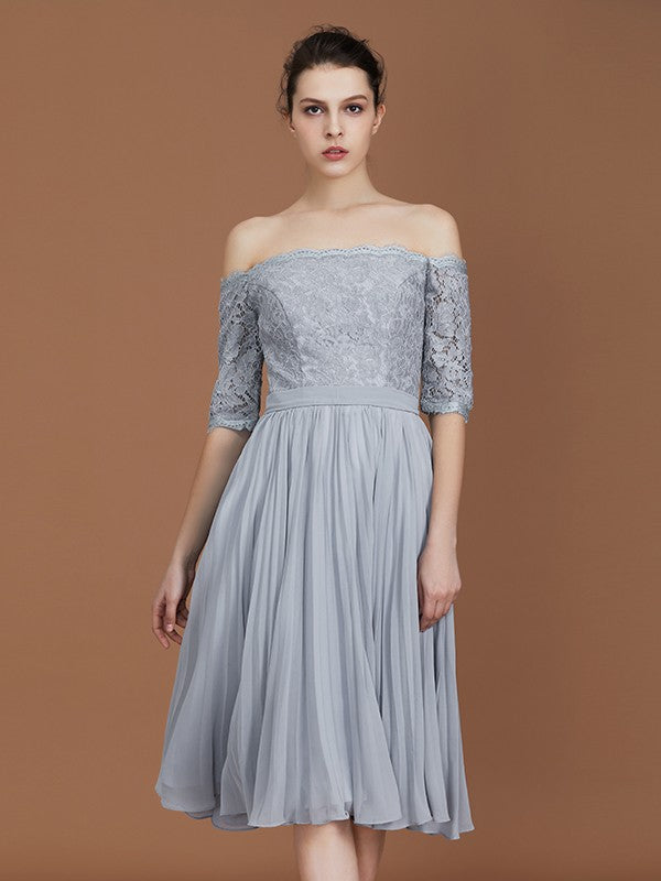 Vestido de dama de honor de gasa con corte A/princesa, hombros descubiertos, mangas cortas, encaje, largo hasta la rodilla, para madre de la novia