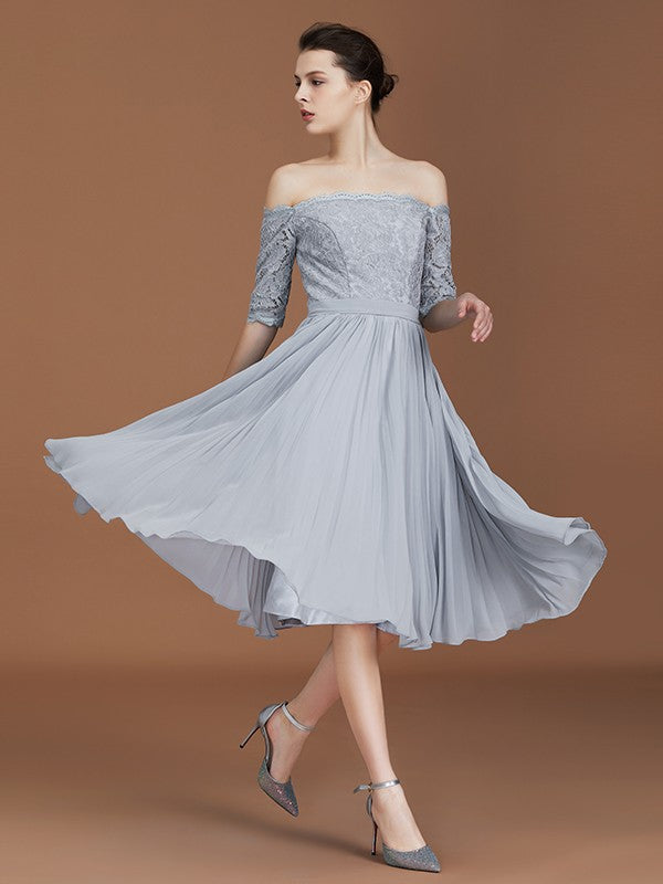 Vestido de dama de honor de gasa con corte A/princesa, hombros descubiertos, mangas cortas, encaje, largo hasta la rodilla, para madre de la novia