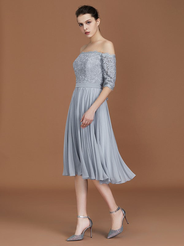 Vestido de dama de honor de gasa con corte A/princesa, hombros descubiertos, mangas cortas, encaje, largo hasta la rodilla, para madre de la novia