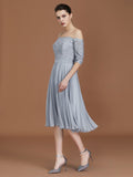 Vestido de dama de honor de gasa con corte A/princesa, hombros descubiertos, mangas cortas, encaje, largo hasta la rodilla, para madre de la novia
