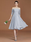 Vestido de dama de honor de gasa con corte A/princesa, hombros descubiertos, mangas cortas, encaje, largo hasta la rodilla, para madre de la novia