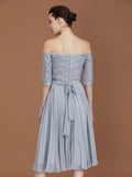 Vestido de dama de honor de gasa con corte A/princesa, hombros descubiertos, mangas cortas, encaje, largo hasta la rodilla, para madre de la novia