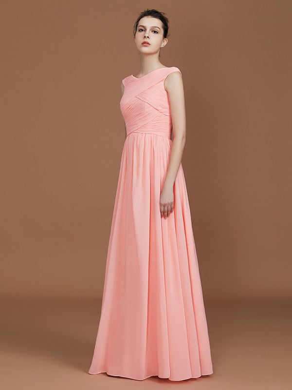 A-Line/Princess V-neck Sleeveless Floor-Length Chiffon Bridesmaid Dress Evening Prom Dress