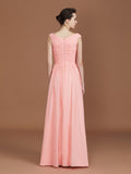 A-Line/Princess V-neck Sleeveless Floor-Length Chiffon Bridesmaid Dress Evening Prom Dress