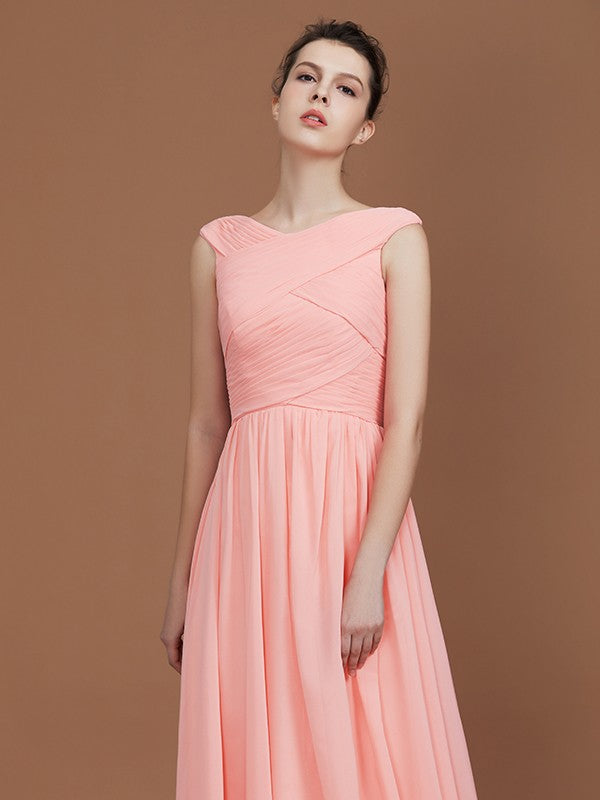 A-Line/Princess V-neck Sleeveless Floor-Length Chiffon Bridesmaid Dress Evening Prom Dress
