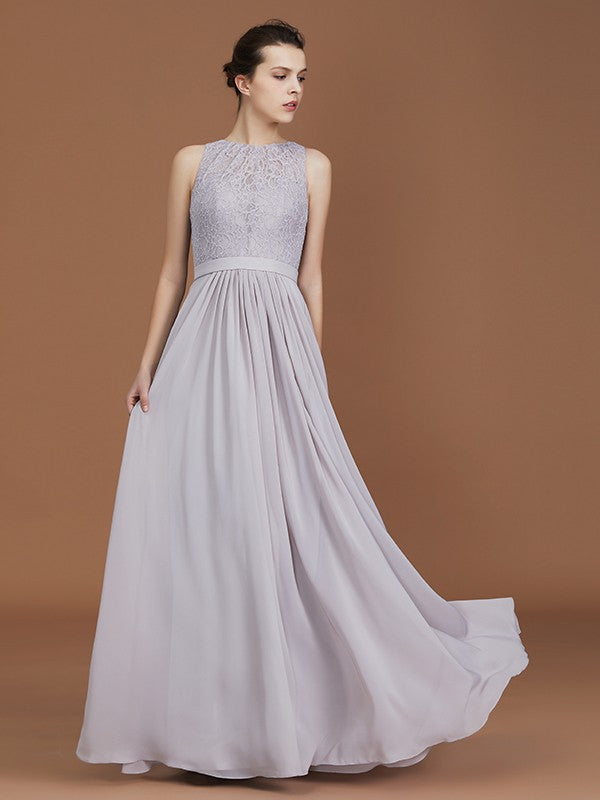 A-Line/Princess Scoop Lace Floor-Length Ruched Chiffon Bridesmaid Dress Evening Prom Dress