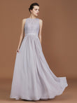 A-Line/Princess Scoop Lace Floor-Length Ruched Chiffon Bridesmaid Dress Evening Prom Dress