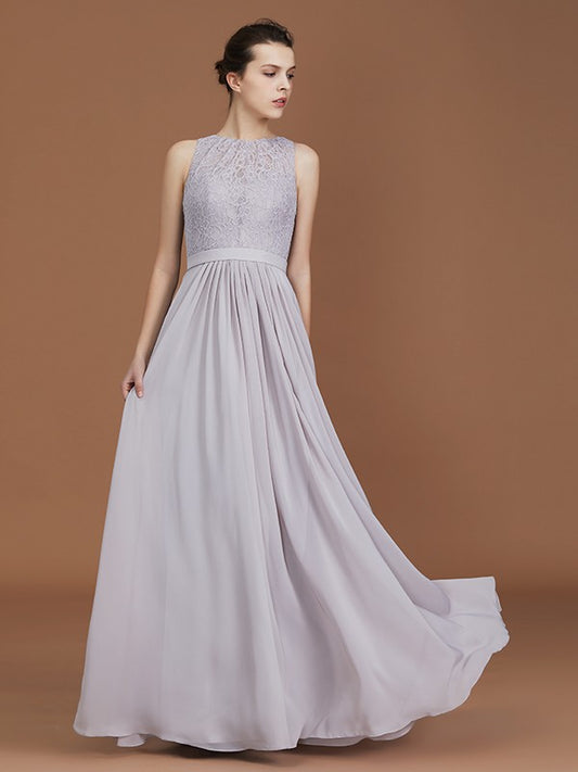 A-Line/Princess Scoop Lace Floor-Length Ruched Chiffon Bridesmaid Dress Evening Prom Dress