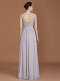 A-Line/Princess Scoop Lace Floor-Length Ruched Chiffon Bridesmaid Dress Evening Prom Dress