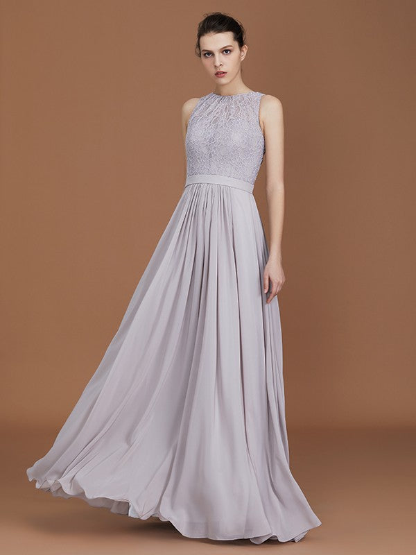 A-Line/Princess Scoop Lace Floor-Length Ruched Chiffon Bridesmaid Dress Evening Prom Dress
