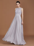 A-Line/Princess Scoop Lace Floor-Length Ruched Chiffon Bridesmaid Dress Evening Prom Dress