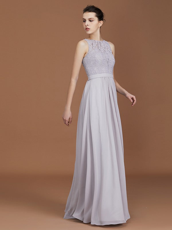 A-Line/Princess Scoop Lace Floor-Length Ruched Chiffon Bridesmaid Dress Evening Prom Dress