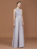 A-Line/Princess Scoop Lace Floor-Length Ruched Chiffon Bridesmaid Dress Evening Prom Dress