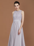 A-Line/Princess Scoop Lace Floor-Length Ruched Chiffon Bridesmaid Dress Evening Prom Dress