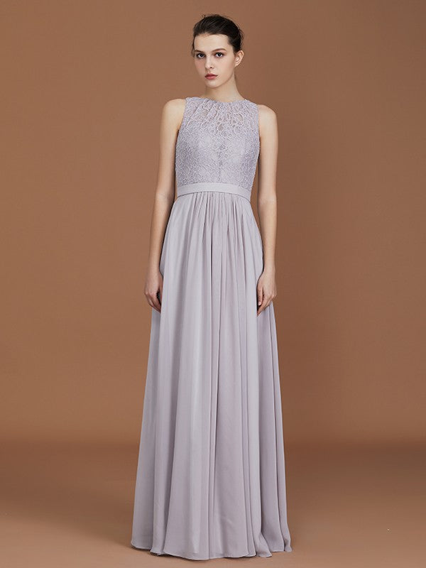 A-Line/Princess Scoop Lace Floor-Length Ruched Chiffon Bridesmaid Dress Evening Prom Dress