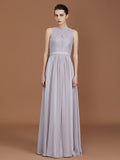 A-Line/Princess Scoop Lace Floor-Length Ruched Chiffon Bridesmaid Dress Evening Prom Dress