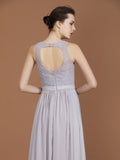 A-Line/Princess Scoop Lace Floor-Length Ruched Chiffon Bridesmaid Dress Evening Prom Dress