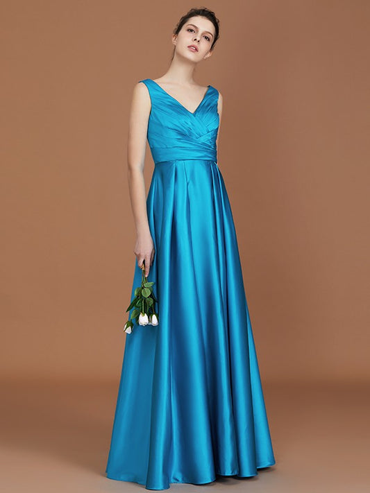 A-Line/Princess V-neck Sleeveless Floor-Length Ruffles Satin Bridesmaid Dress Formal Evening Dress