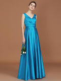 A-Line/Princess V-neck Sleeveless Floor-Length Ruffles Satin Bridesmaid Dress Formal Evening Dress