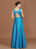 A-Line/Princess V-neck Sleeveless Floor-Length Ruffles Satin Bridesmaid Dress Formal Evening Dress