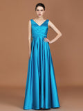 A-Line/Princess V-neck Sleeveless Floor-Length Ruffles Satin Bridesmaid Dress Formal Evening Dress