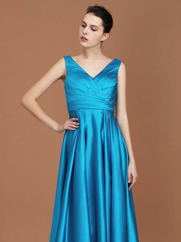 A-Line/Princess V-neck Sleeveless Floor-Length Ruffles Satin Bridesmaid Dress Formal Evening Dress