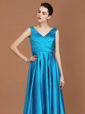 A-Line/Princess V-neck Sleeveless Floor-Length Ruffles Satin Bridesmaid Dress Formal Evening Dress