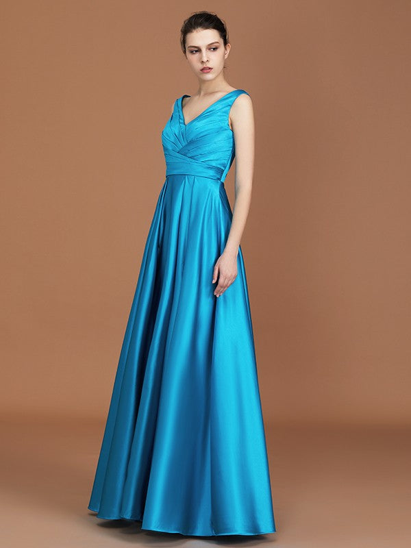 A-Line/Princess V-neck Sleeveless Floor-Length Ruffles Satin Bridesmaid Dress Formal Evening Dress